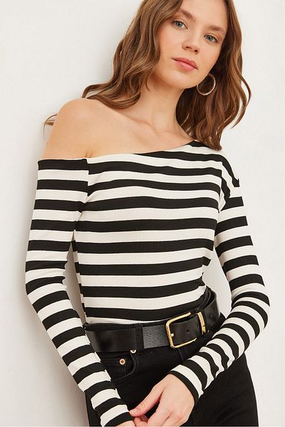 Olalook Damen-Bluse, dick, gestreift, schwarz, gestreift, Premium-Soft-Touch, Boot-Ausschnitt, dehnbar, BLZ- 19002448
