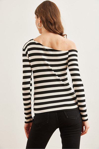 Olalook Damen-Bluse, dick, gestreift, schwarz, gestreift, Premium-Soft-Touch, Boot-Ausschnitt, dehnbar, BLZ- 19002448