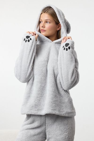 Trendyol Collection Set pijamale tricotate de iarnă Wellsoft cu glugă gri și broderie THMAW25PT00143