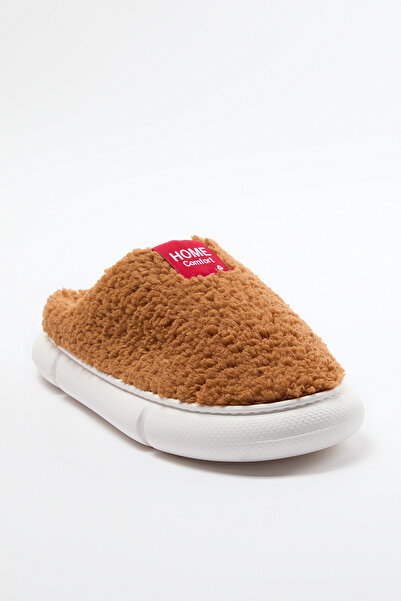 TRENDYOL SHOES Brown Plush Woven Label Detailed Women's House Slippers Takaw25Er00012