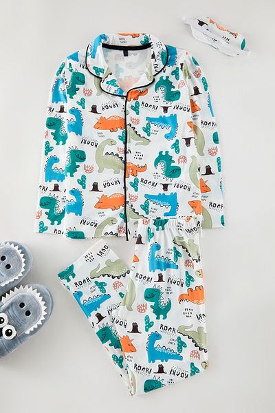 TRENDYOLKIDS Boy's Ecru Pajama Set - Printed, Knitted Top and Bottom Set Tkdaw25au00111