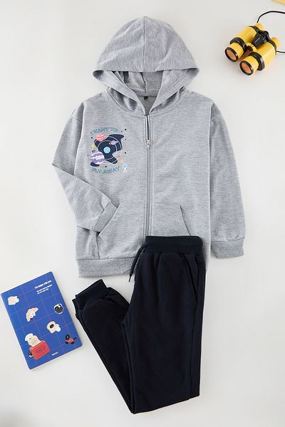 TRENDYOLKIDS Knitted Gray Melange Printed Set - TKDAW25AU00039