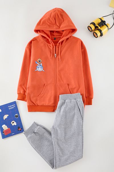 TRENDYOLKIDS Knitted Orange Printed Top and Bottom Set - TKDAW25AU00039