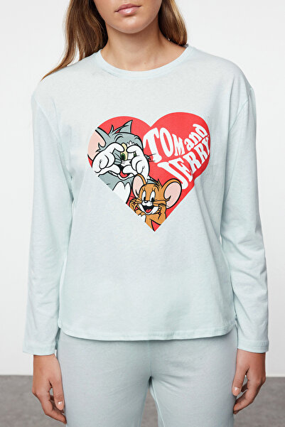 Trendyol Collection Licencovaná modrá bavlněná pyžamová souprava Tom&Jerry – Thmaw25Pt00159