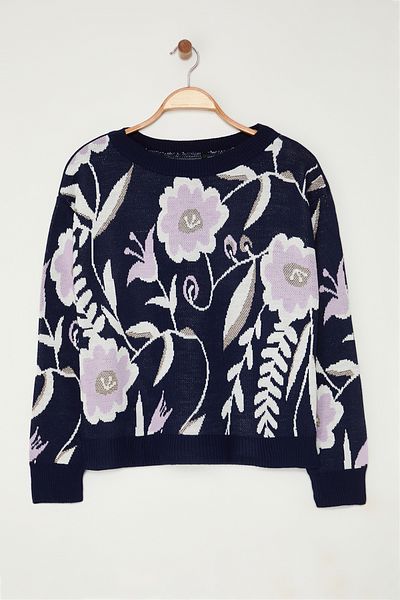 Edit by Trendyol Navy Blue Floral Patterned Crop Knit Sweater - Regular Fit Tedaw25An00001