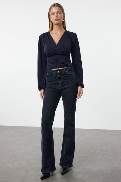 Trendyol Collection Stretch pletená halenka v námořnické modré - Dlouhý rukáv, Detail s dvojitým lemováním Twoaw25Bz00021