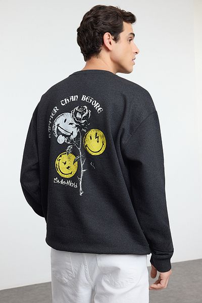 Trendyol Collection Unisex Anthracite Oversize/Wide Cut Smiley Original Licensed Back Printed Sweatshirt Tmnaw25Sw00132