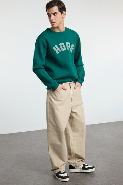 Trendyol Collection Φούτερ με σμαραγδένια πράσινη κεντημένη κουκούλα - Fleece TMNAW25SW00060
