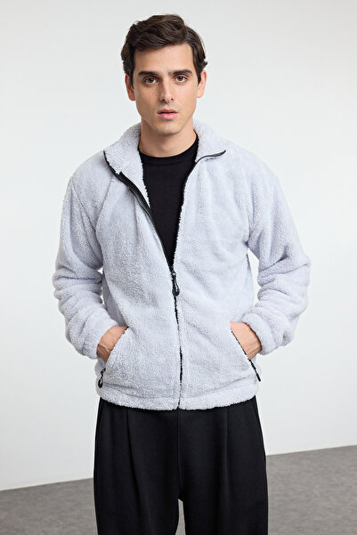 Trendyol Collection Gray Oversize/Wide Cut Zipper Pocket Couple Plush Sweatshirt Tmnaw25Sw00102
