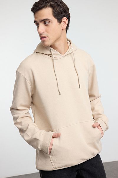 Trendyol Collection Μπεζ φούτερ Unisex με κουκούλα Snoopy - Γνήσια άδεια χρήσης, κανονική εφαρμογή TMNAW25SW00126