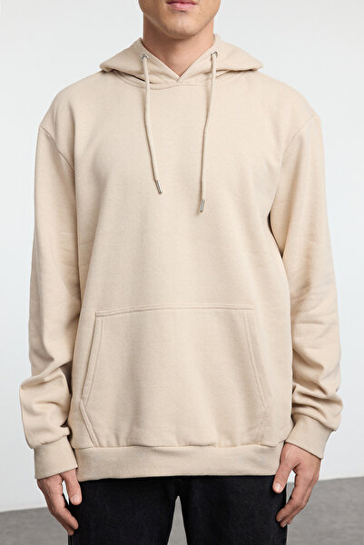 Trendyol Collection Μπεζ φούτερ Unisex με κουκούλα Snoopy - Γνήσια άδεια χρήσης, κανονική εφαρμογή TMNAW25SW00126