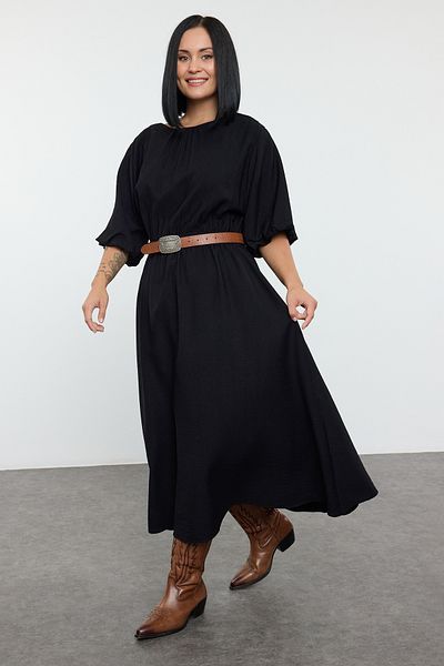 Trendyol Curve Balloon Sleeve Midi nagy méretű ruha - fekete texturált TBBAW25AH00093