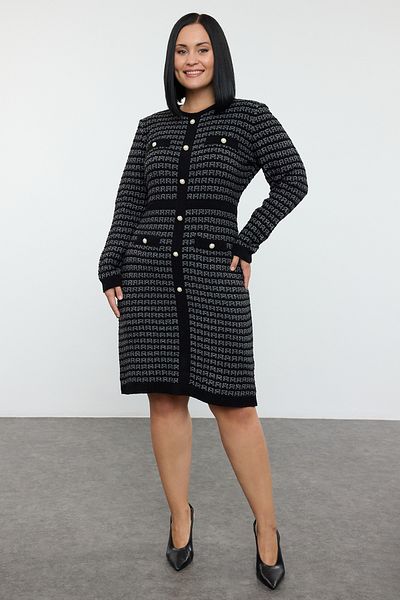 Trendyol Curve Knitwear Dress - Black Patterned and Buttoned Tbbaw25Ah00038