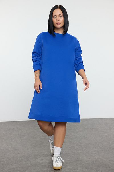 Trendyol Curve Plus Size Blue Knitted Sweatshirt Dress - Crew Neck, 2 Thread Rasterless Tbbaw25Ah00101