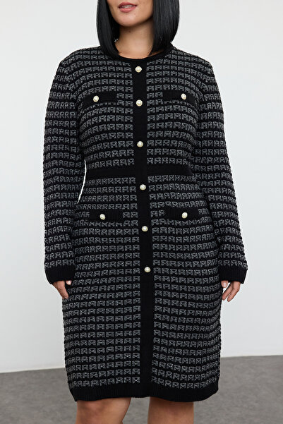 Trendyol Curve Πλεκτό Φόρεμα - Μαύρο με στάμπα και κουμπιά TBBAW25AH00038