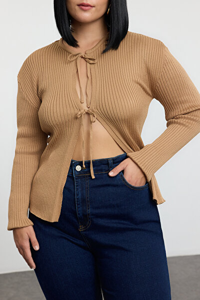 Trendyol Curve Corded Cut Brown Knitwear Cardigan - Soft Key Tbbaw25Av00019