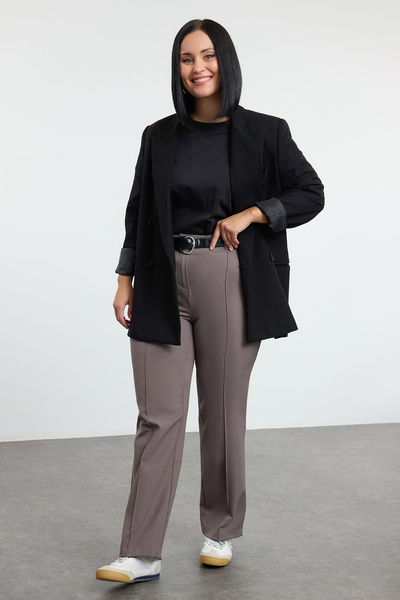 Trendyol Curve Ψηλόμεσο γκρι ισπανικό παντελόνι - Λεπτομέρεια με ραβδώσεις, υφαντό ύφασμα TBBAW25AR00012