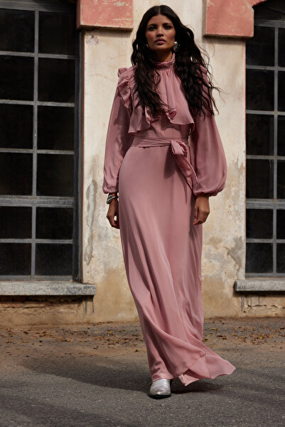 Trendyol Modest Βραδινό φόρεμα από σιφόν Dusty Rose - Λεπτομέρεια βολάν, TCTAW25DB00017