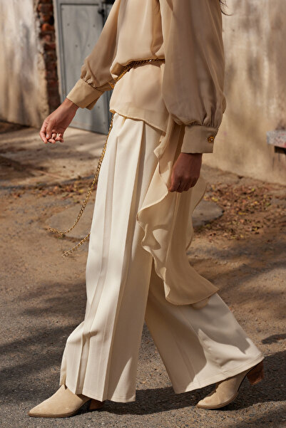 Trendyol Modest Beżowe plisowane spodnie tkane - X Ai Tctaw25Tp00000