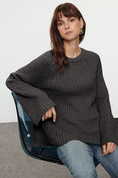 Trendyol Collection Anthracite Peplum Detailed Wide Fit Sweater - Sustainable Twoaw25Kz00305