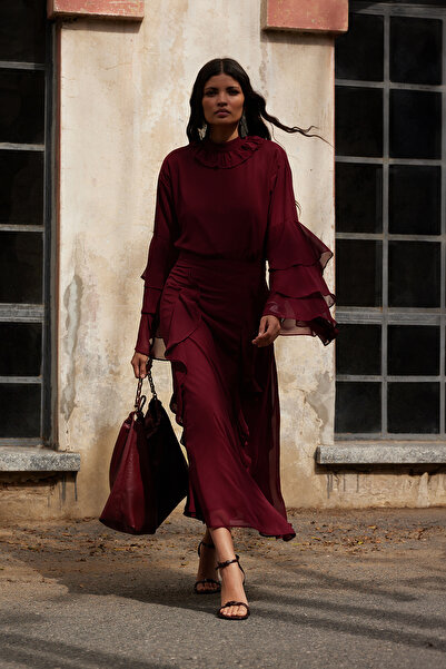 Trendyol Modest Burgundy Woven Skirt X Ai - Ruffle Detail, Tctaw25Ee00012