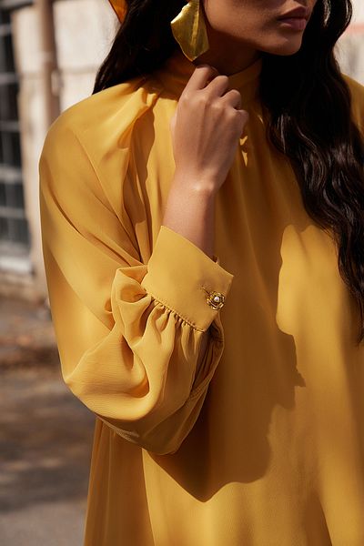 Trendyol Modest Asymmetrical Cut Mustard Floral Chiffon Tunic - Button Detail, Tctaw25Uk00011