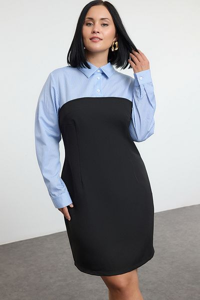 Trendyol Curve Black Bodycone Strapless Mini Woven Plus Size Blue-White Striped Shirt Dress