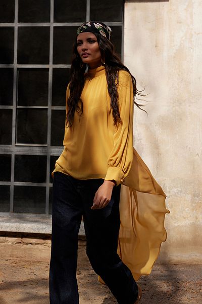Trendyol Modest Asymmetrical Cut Mustard Floral Chiffon Tunic - Button Detail, Tctaw25Uk00011