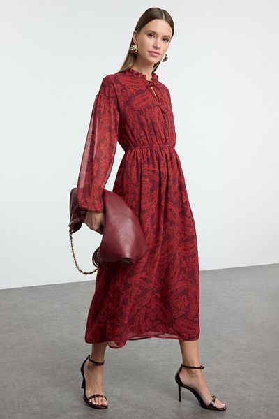 Trendyol Collection Πολύχρωμο μοτίβο σάλι Midi ελαστικό υφαντό χειμερινό φόρεμα TWOAW25EL00538
