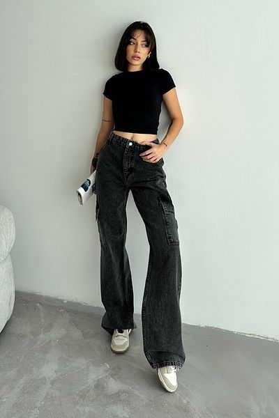 Trendyol Collection Антрацитові джинси з високою талією та широкими штанинами з карго TWOAW25JE00369