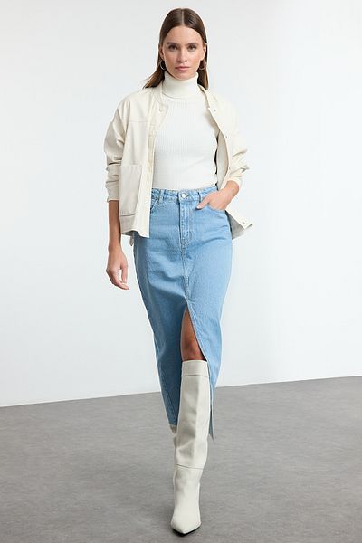 Trendyol Collection Blauer geschlitzter Maxi-Jeansrock TWOSS23ET00290