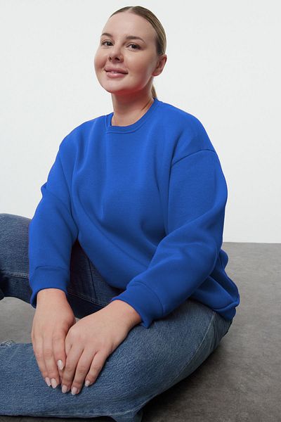 Trendyol Curve Μπλε Basic πλεκτό φούτερ - Oversize Cut, Crew Neck, Fleece Inner Design