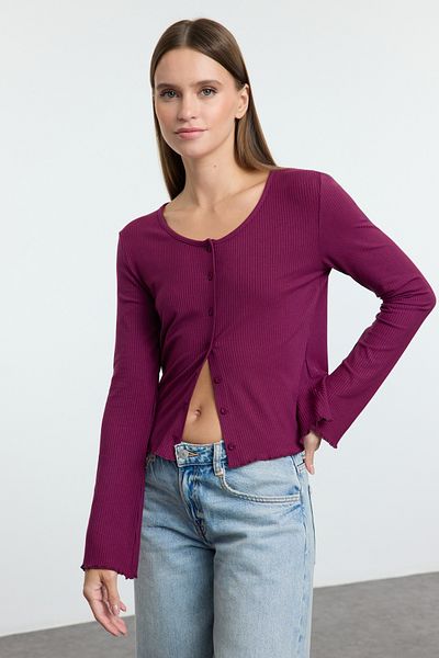 Trendyol Collection Plum More ελαστική πλεκτή μπλούζα με ραβδώσεις - Μακρύ μανίκι με κουμπιά TWOAW25BZ00269