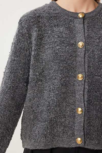 Happiness İstanbul Dámská antracitová bunda Boucle pletená bunda Cardigan YY00117