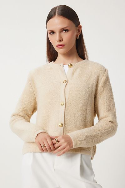 Happiness İstanbul Damen Dunkelcreme Bouclé Strickjacke Cardigan YY00117