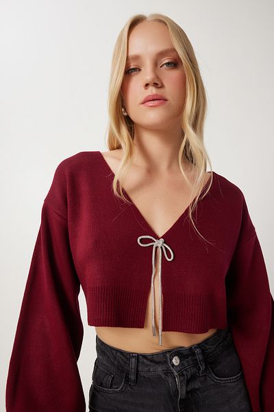 Happiness İstanbul Burgunderrote Strickjacke mit Steinen und Schleife für Damen Kİ00110