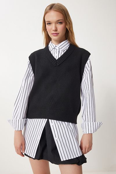 Happiness İstanbul Women's Black V-Neck Knitwear Sweater Pf00099