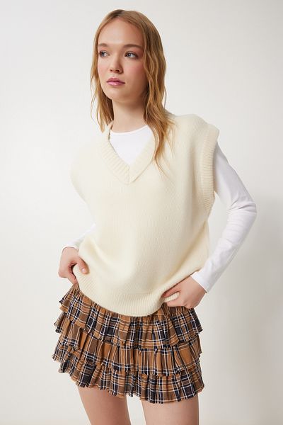 Happiness İstanbul Cremefarbener Strickpullover mit V-Ausschnitt für Damen PF00099