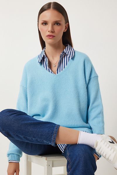 Happiness İstanbul Hellblauer Strickpullover mit V-Ausschnitt für Damen ZA00063