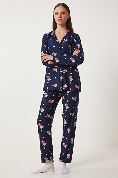Happiness İstanbul Kadın Lacivert Desenli Kadifemsi Dokulu Örme Pijama Takımı FP00008