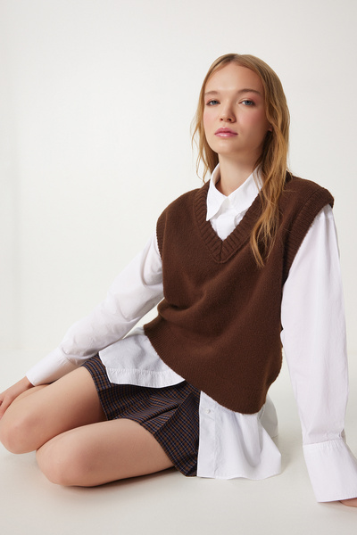 Happiness İstanbul Women's Brown V-Neck Knitwear Sweater Pf00099