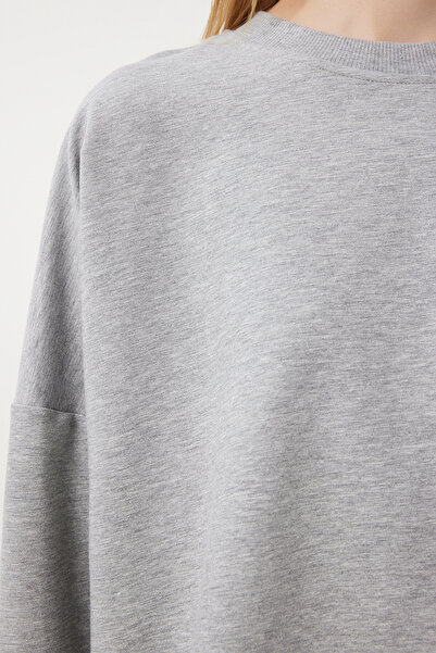 Happiness İstanbul Gray Melange Oversize Side Slit Women's Sweatshirt Ul00050