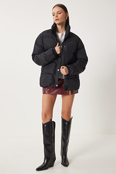 Happiness İstanbul Černý dámský nafukovací kabát s rolákem RV00063