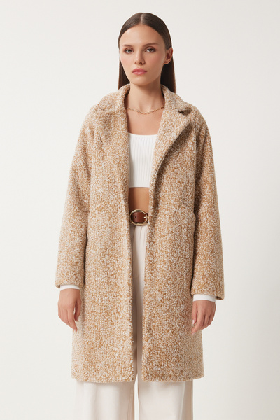 Happiness İstanbul Dámský sušenkový kabát s dvojitým límcem do kapsy DD01273