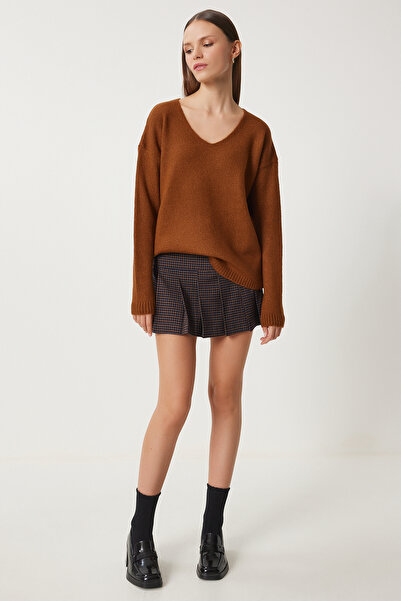 Happiness İstanbul Dámský pletený svetr Taba s výstřihem do V ZA00063