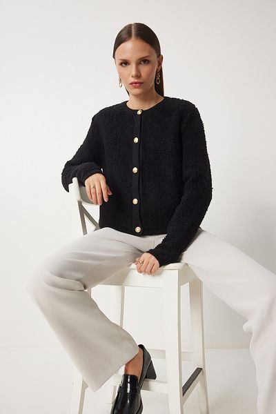Happiness İstanbul Schwarze Bouclé-Strickjacke für Damen, Cardigan YY00117