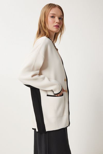 Happiness İstanbul Women's Cream Contrast Colored Long Knitwear Cardigan Us00934