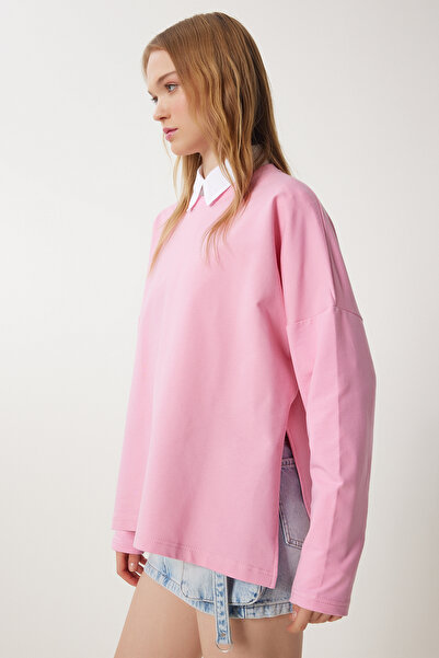 Happiness İstanbul Γυναικείο πλεκτό φούτερ με ροζ πλαϊνό σκίσιμο UL00050