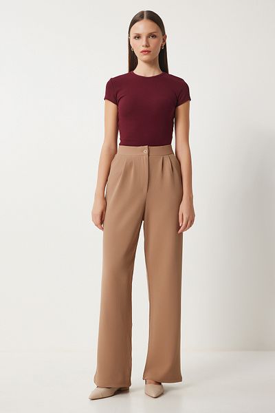 Happiness İstanbul Relaxed Fit Lycra Women's Knitted Trousers - Biscuit Rv00175