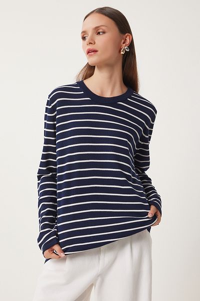 Happiness İstanbul Women's Navy Blue White Striped Seasonal Knitwear Sweater Kb00041